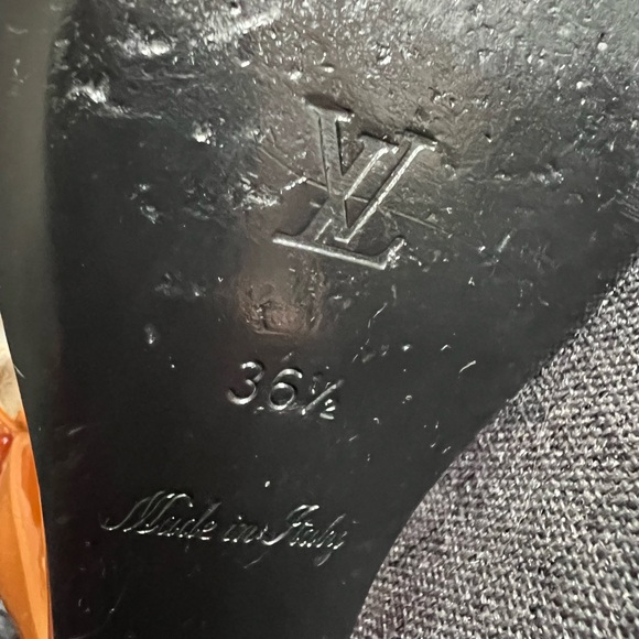 LOUIS VUITTON Orange / Brown Patent Leather Wedge Heels, Size 6.5 (36.5 EU) - Picture 7 of 8